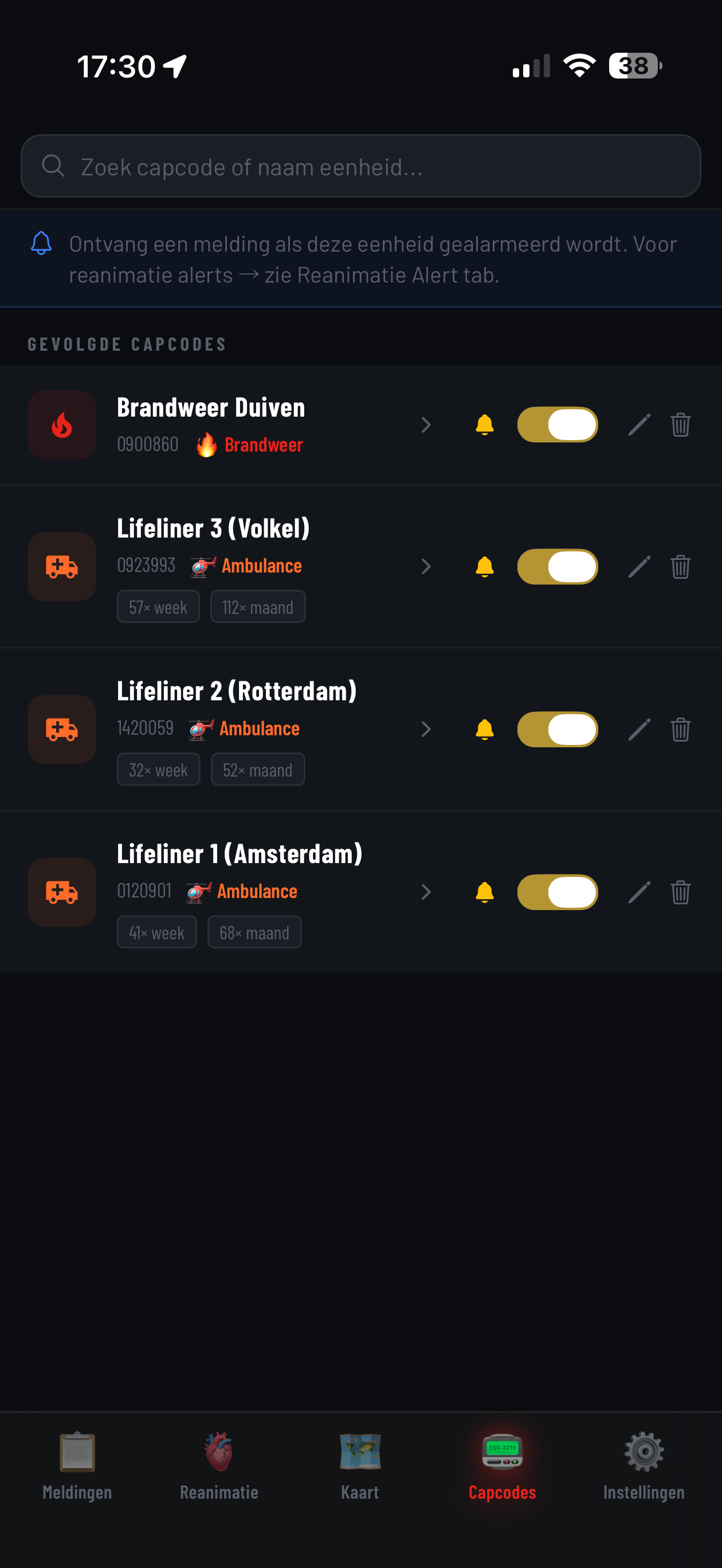 Lijst met gevolgde capcodes