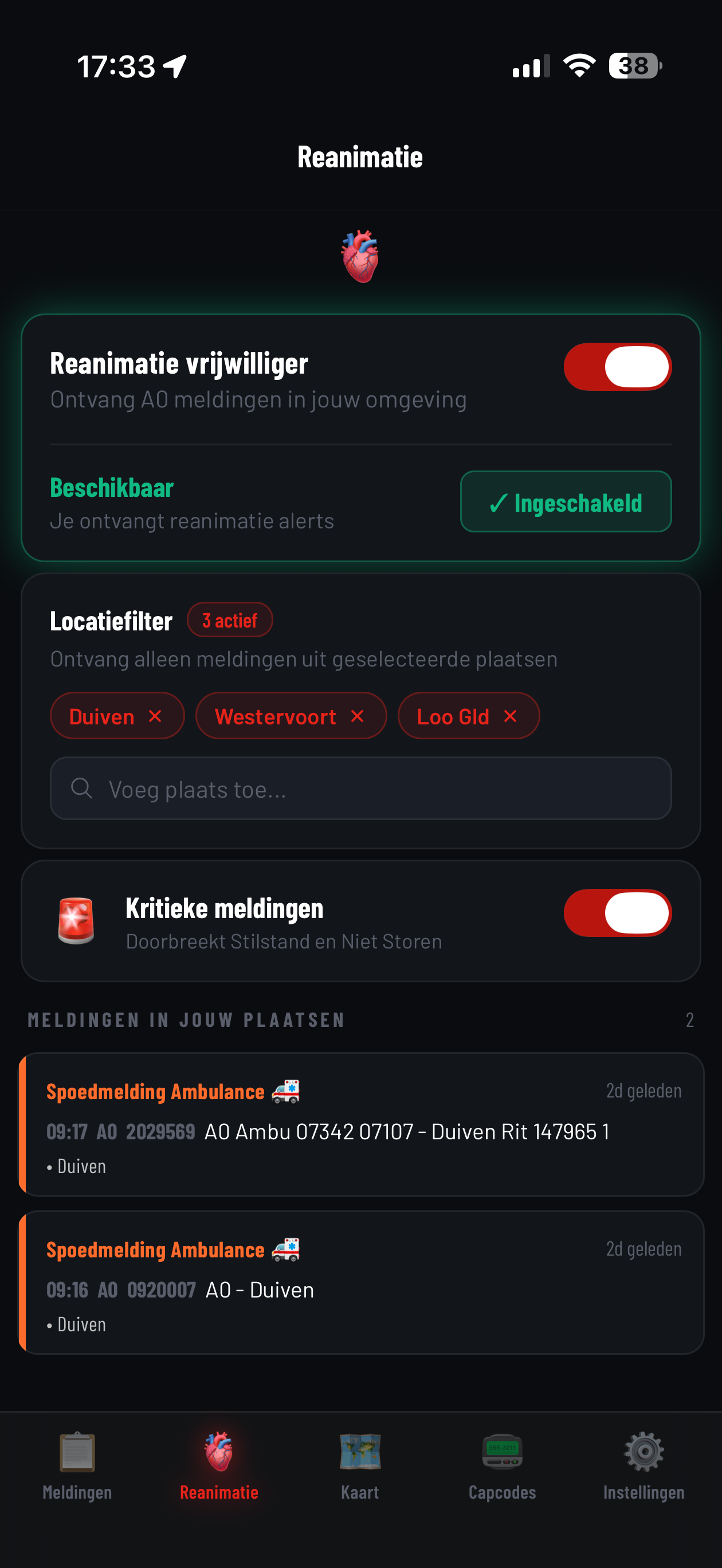 Reanimatie-tab met vrijwilligertoggle en locatiefilter